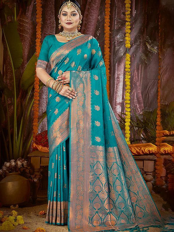 Silk Floral Motifs Broad Border Stunning Festive Wear Saree With Contrast Rich Pallu