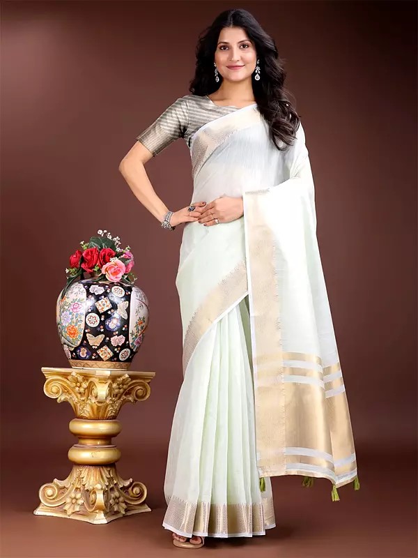 Rich Golden Border Cotton Festive Wear Plain Saree With Blouse