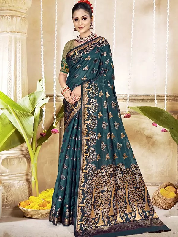 Weaving Work All Over Floral Motifs Attractive Festive Wear Silk Saree