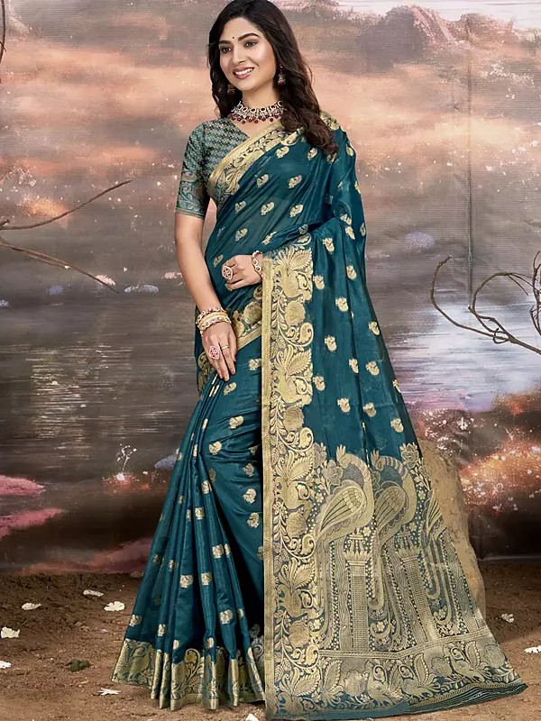 Floral Leaf Woven Wide Border Silk Saree With Peacock Motifs Pallu