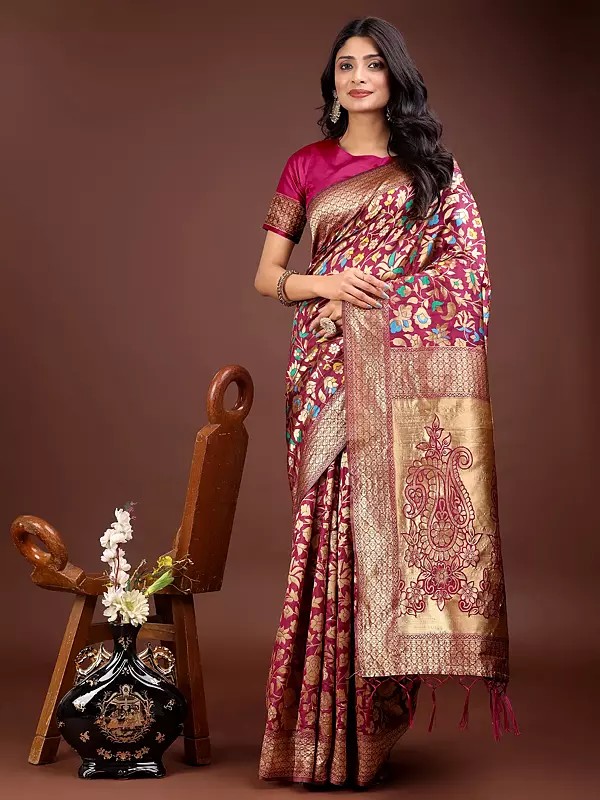 All Over Floral Woven Motifs Attractive Lichi Silk Saree With Tassels Rich Pallu