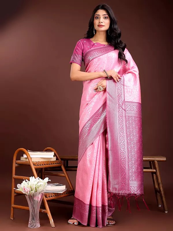 Contrast Broad Border Weaving Work Stunning Festive Wear Lichi Silk Saree With Blouse