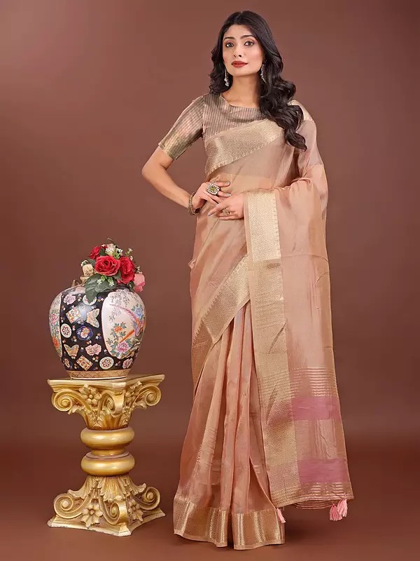 Stunning Organza Plain Festive Wear Saree With Stripe Pattern Tassels Pallu
