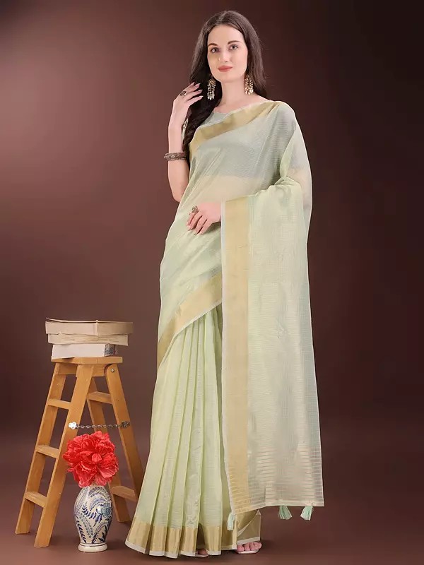 Stripes Pattern All Over Stunning Organza Saree With Contrast Tassels Pallu
