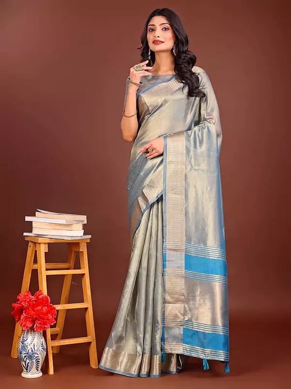 Organza Plain Traditional Attractive Festive Wear Saree With Contrast Tassels Pallu