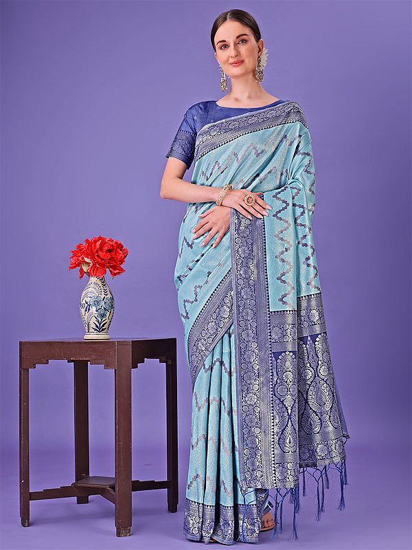 Zig-Zag Pattern And Floral Border Stunning Lichi Silk Saree With Contrast Tassels Pallu