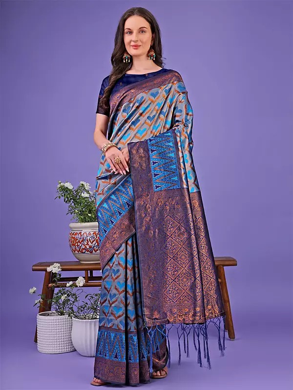 Lichi Silk Contrast Broad Border Attractive Casual Wear Saree With Tassels Pallu