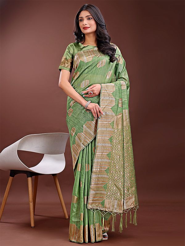 Weaving Work Broad Border Traditional Linen Cotton Attractive Saree With Tassels Pallu