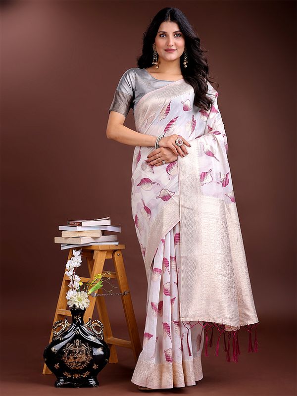 Floral Leaf Weaving Work Attractive Cotton Saree With Contrast Tassels Pallu