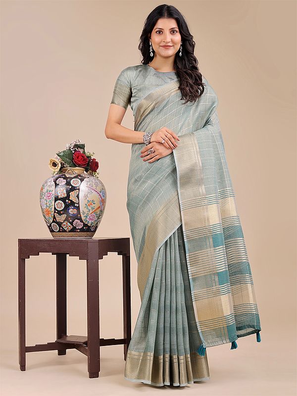 Weaving Work Check Pattern Stunning Organza Saree With Striped Tassels Pallu