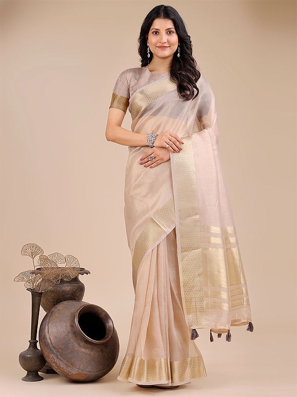 Contrast Golden Border Organza Attractive Party Wear Saree With Tassels Pallu