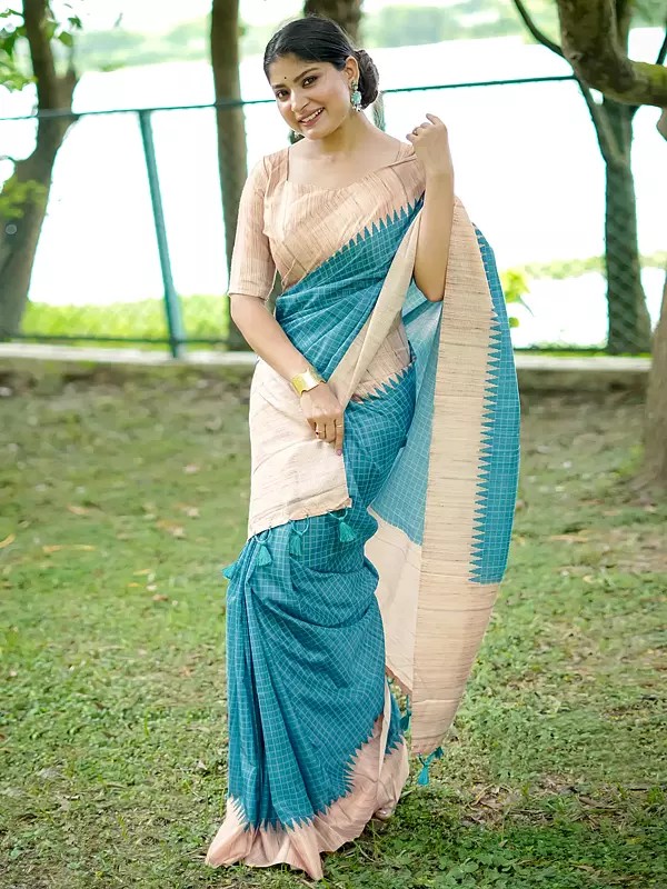 All Over Check Pattern And Temple Border Tussar Silk Saree With Tassels Pallu