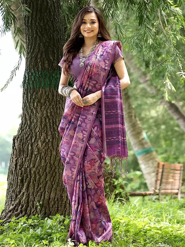 Cotton Silk All Over Floral Printed Stunning Party Wear Saree With Blouse