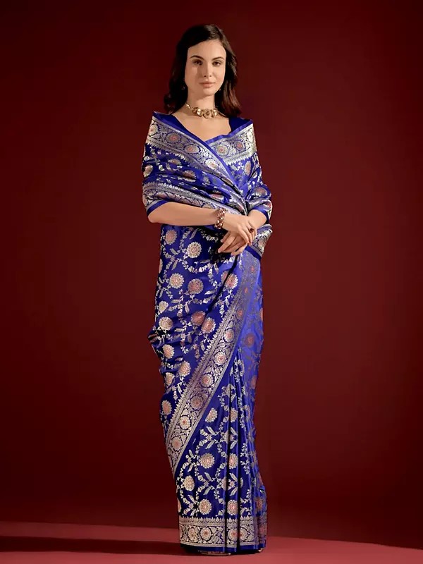 Zari Woven Jaal Work Banarasi Silk Traditional Saree With Contrast Tassels Pallu