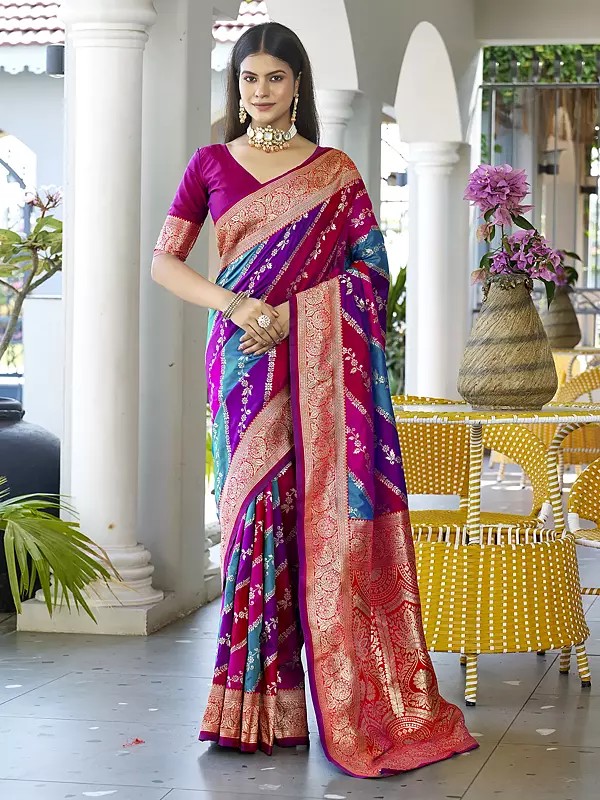 Woven Floral Motifs Contrast Border Stunning Banarasi Silk Saree With Blouse