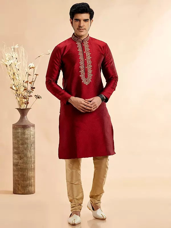 Jacquard Art Silk Embroidery Work On Neck Full Sleeve Kurta Pajama Set