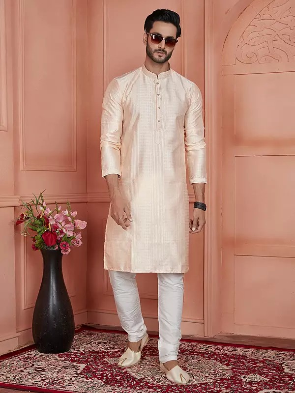 Attractive Straight Jacquard Silk Brocade Mandarin Collar Kurta Pajama Set