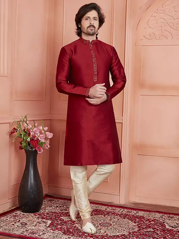 Stunning Straight And Mandarin Collar Festive Wear Kurta Pajama Set