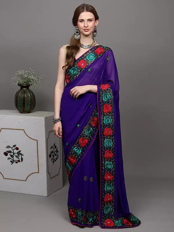 Royal-Purple Georgette Saree with Parsi Embroidered Roses on Border
