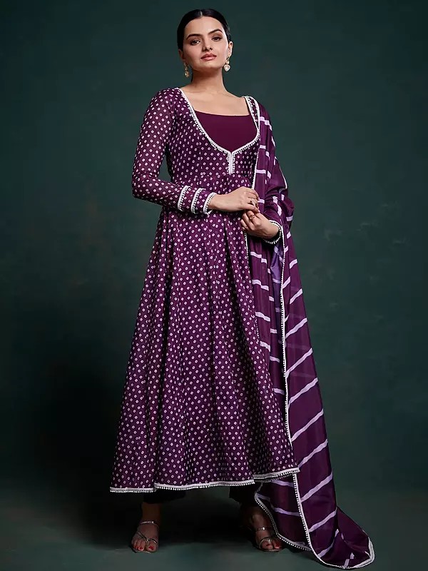 Bleached-Cedar Organza Printed Designer Anarkali Suit With Stripe Pattern Dupatta