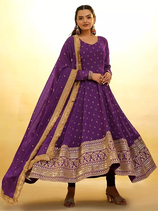 Palatinate-Purple Georgette Designer Embroidered Border Anarkali Suit With Dupatta