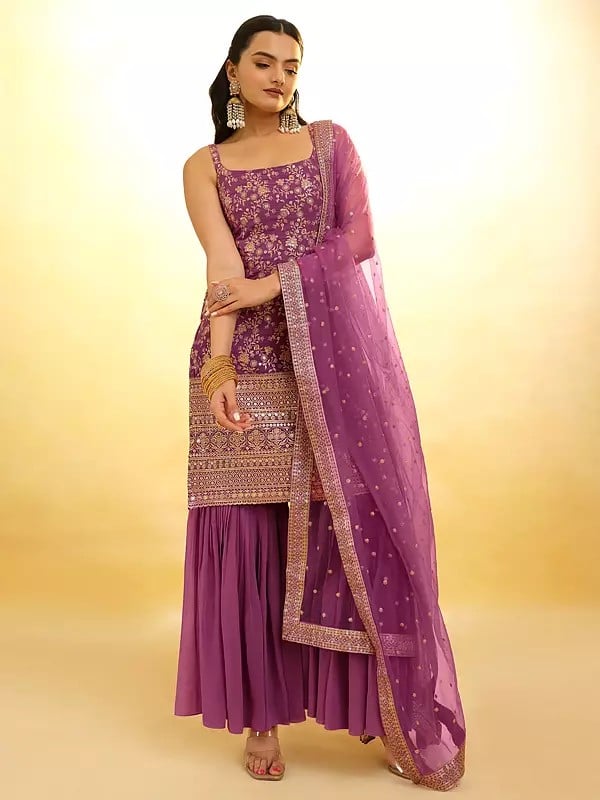 Dark-Raspberry Georgette Flower Embroidered Designer Salwar Suit With Net Dupatta