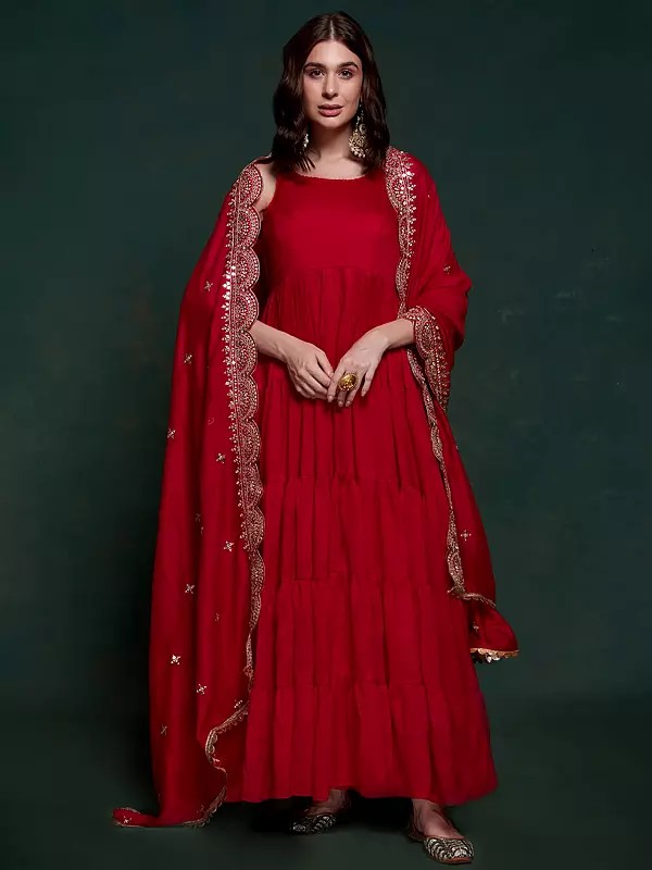 Red-Wine Georgette Solid Long Designer Gown With Embroidered Matching Dupatta