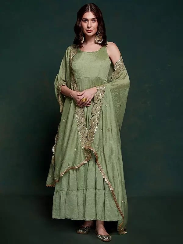 Sage-Green Georgette Solid Long Designer Gown With Embroidered Matching Dupatta