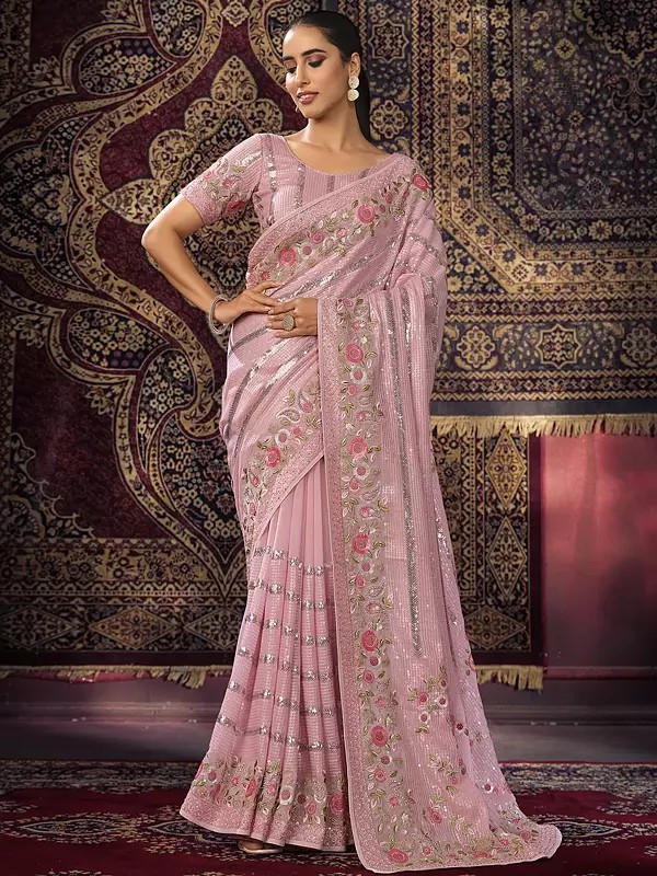 Designer Georgette Sequins , Zari & Zarkan Work With Flower & Paisleys Border Saree