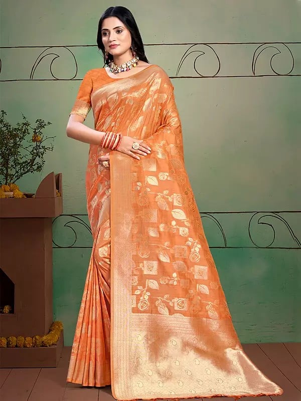 Cotton Silk Floral Zari Woven Work Saree With Blouse & Tassels Pallu For Casual Occasion