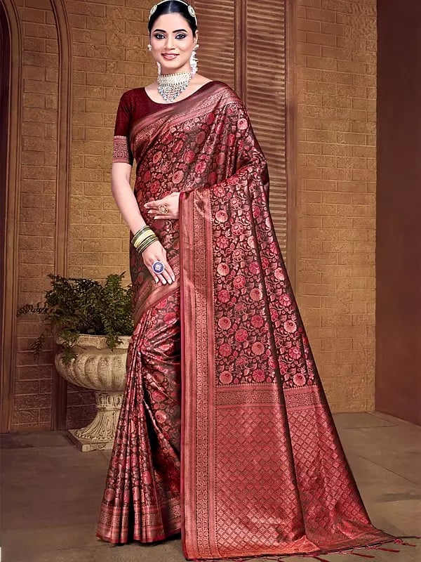 Designer Banarasi Silk Floral Woven Work Saree With Blouse & Tassels Pallu For Wedding Occasion