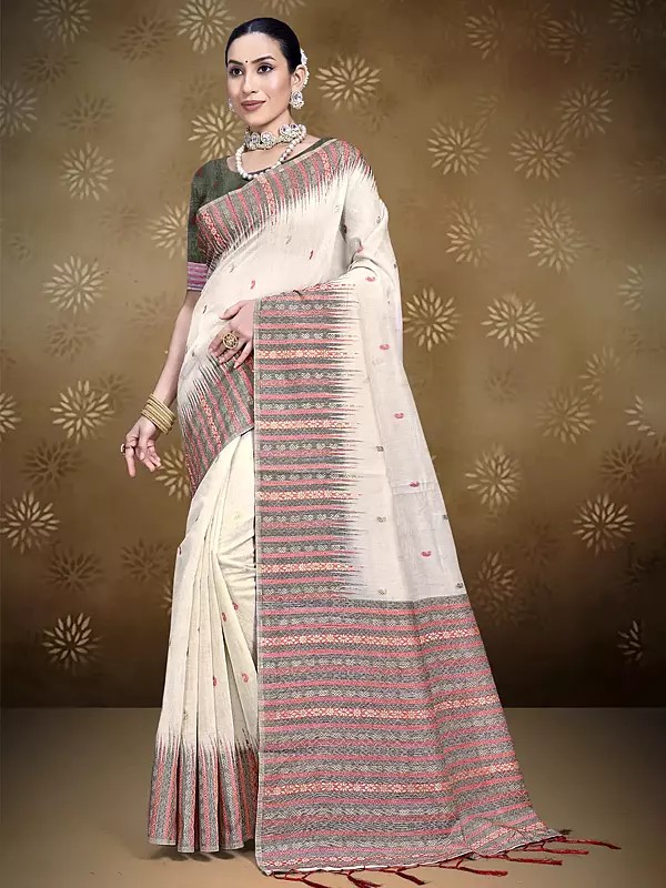 Cotton Strip Pattern Border Saree With Blouse & Tassels Pallu For Casual Occasion