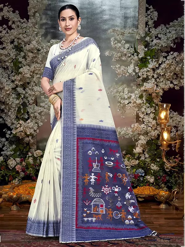 Cotton Warli Art On Border Saree With Blouse & Tassels Pallu For Casual Occasion