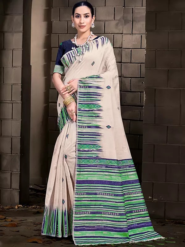 Stripe Border Cotton Saree With Blouse & Tassels Pallu For Casual Occasion