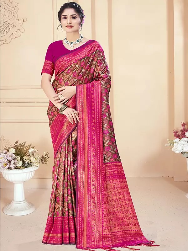 Silk Flower And Leaf Pattern Designer Saree With Blouse & Tassels Pallu For Casual Occasion