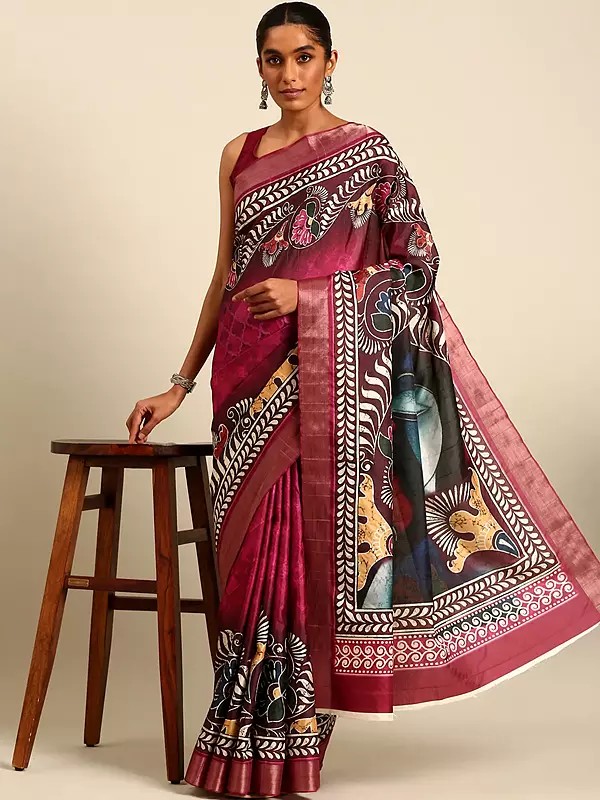 Deep-Coffee Cotton Flower And Leaf Digital Print Designer Saree With Blouse For Festival Occasion