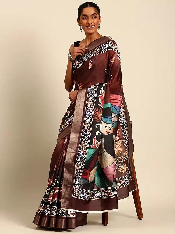 Crater-Brown Cotton Digital Print Party Wear Saree With Blouse For Casual Occasion