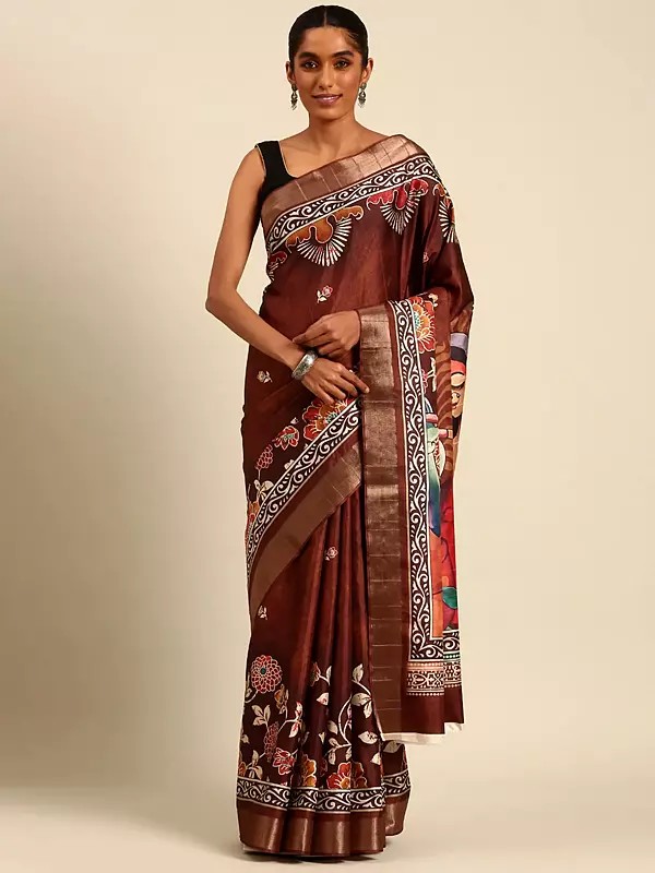 Cocoa-Bean Designer Cotton Flower And Leaf Digital Print Saree With Blouse