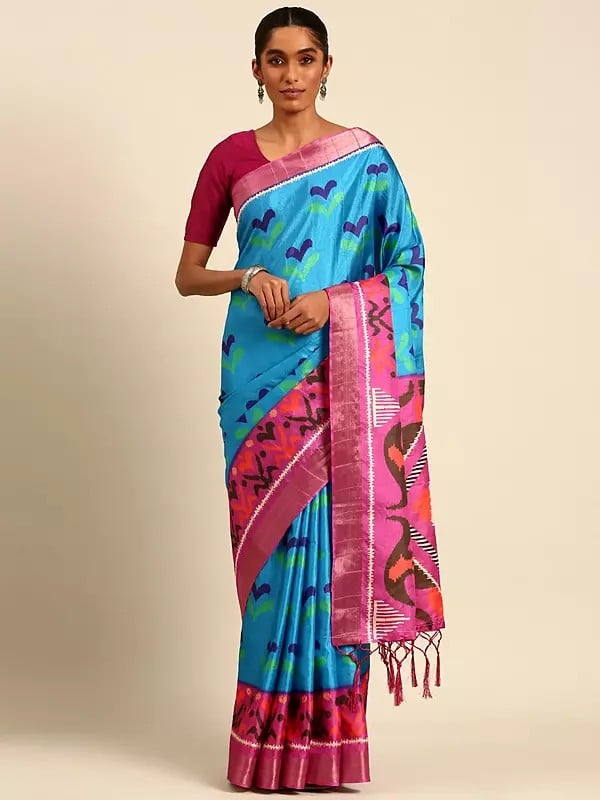 Light-Cornflower-Blue Cotton Digital Print Saree With Blouse & Tassels Pallu For Festival Occasion