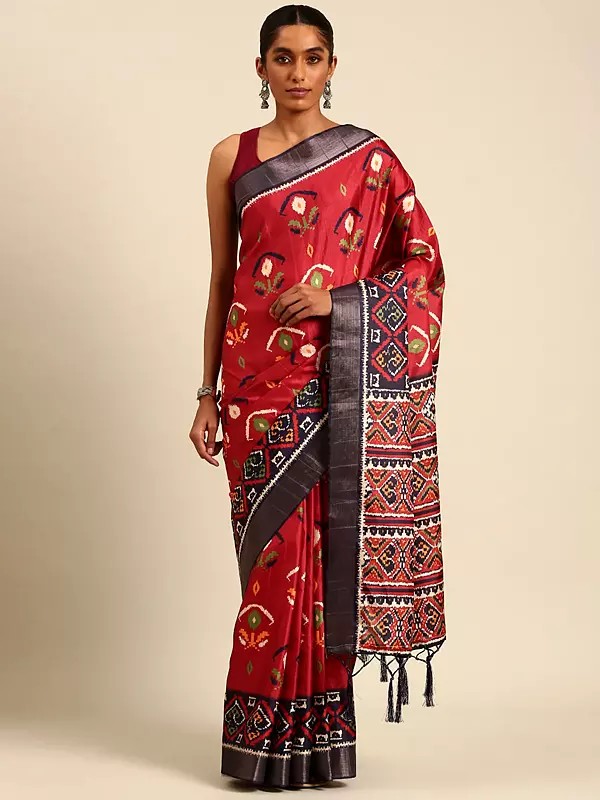 Faded-Red Cotton Digital Print Saree With Blouse & Tassels Pallu For Casual Occasion