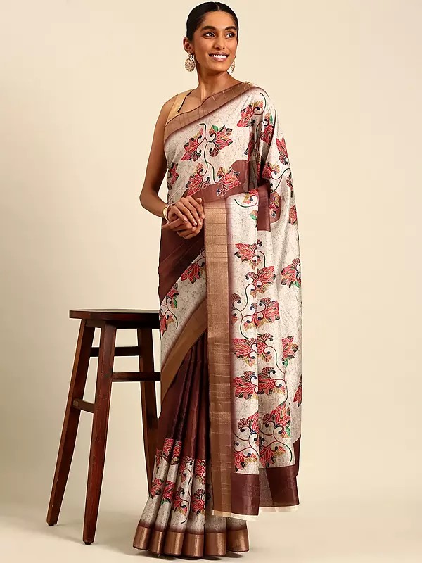 Almond Designer Cotton Flower And Leaf Pattern Digital Print Saree With Blouse For Casual Occasion