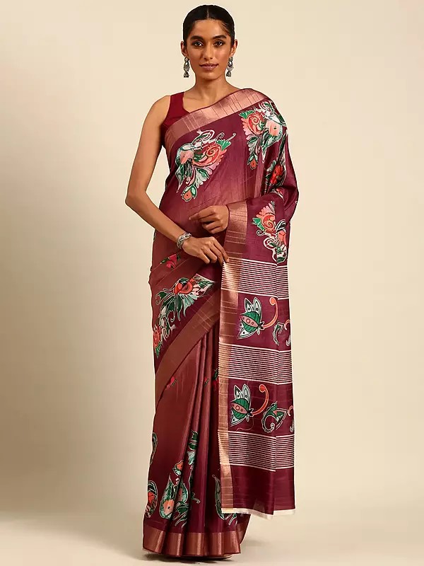 Velvet-Maroon Designer Cotton Digital Print In Stripe Pattern Saree With Blouse & Flower Pallu