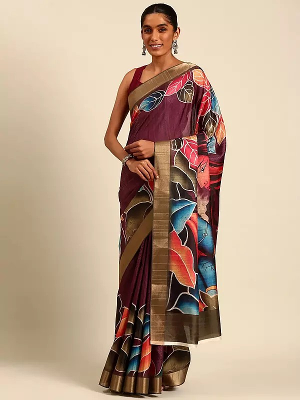 Wine Designer Flower Leaf  Digital Print Cotton Saree With Blouse