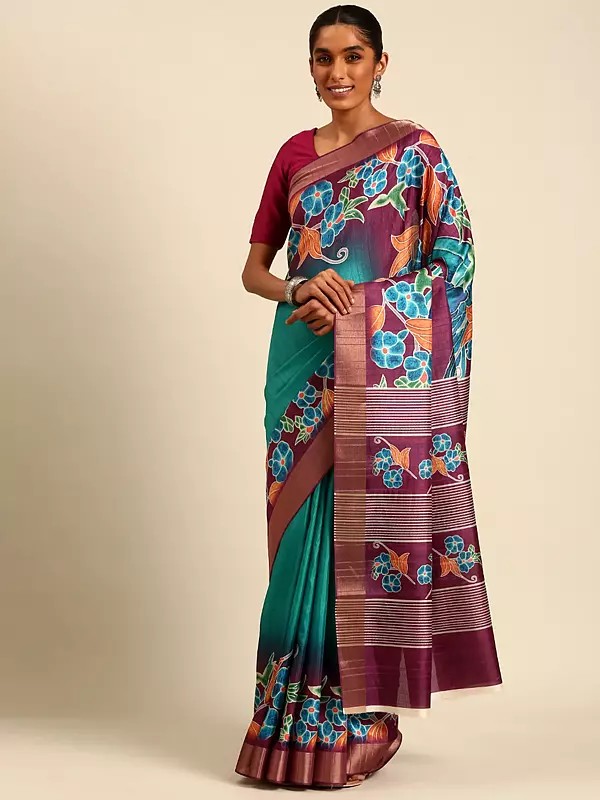 Cotton Flower And Leaf Pattern Digital Print Saree With Blouse For Festival Occasion