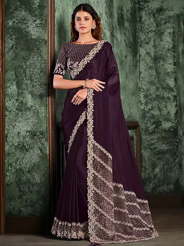 Wine Silk Georgette Zari And Cord Embroidery Party Wear Saree With Blouse