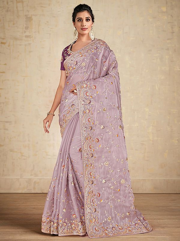 Pastel-Pink Satin Silk Floral Embroidered Designer Party Wear Saree With Blouse