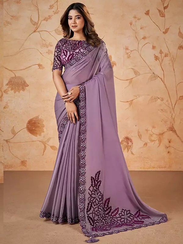 Dusty-Lavender Crepe Satin Silk Sequence & Cord Embroidered With Stone Work Party Wear Saree With Blouse
