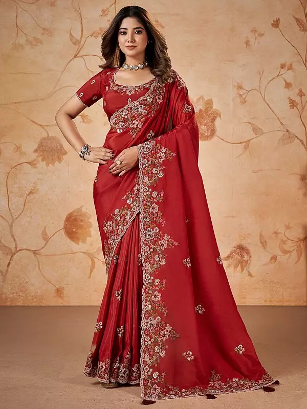 Red-Brown Silk Sequence & Cord Embroidered With Stone Work Designer Saree With Blouse