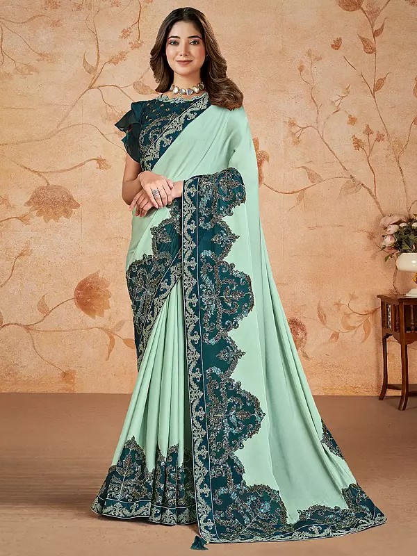 Gum-Leaf Silk Georgette Cord And Sequins Embroidery Designer Party Wear Saree With Blouse