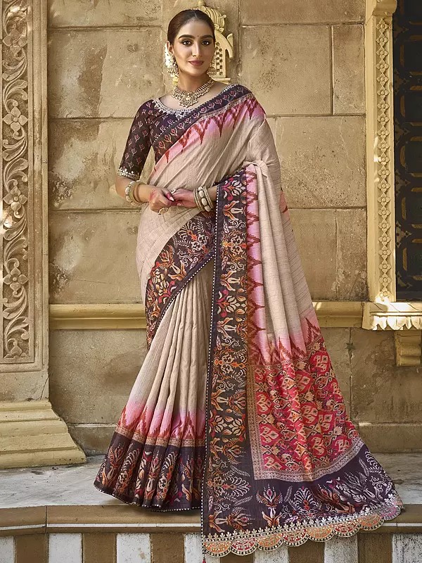 Desert-Sand Silk Pure Gota Work Saree Flower And Leaf Border With Blouse & Tassels Pallu